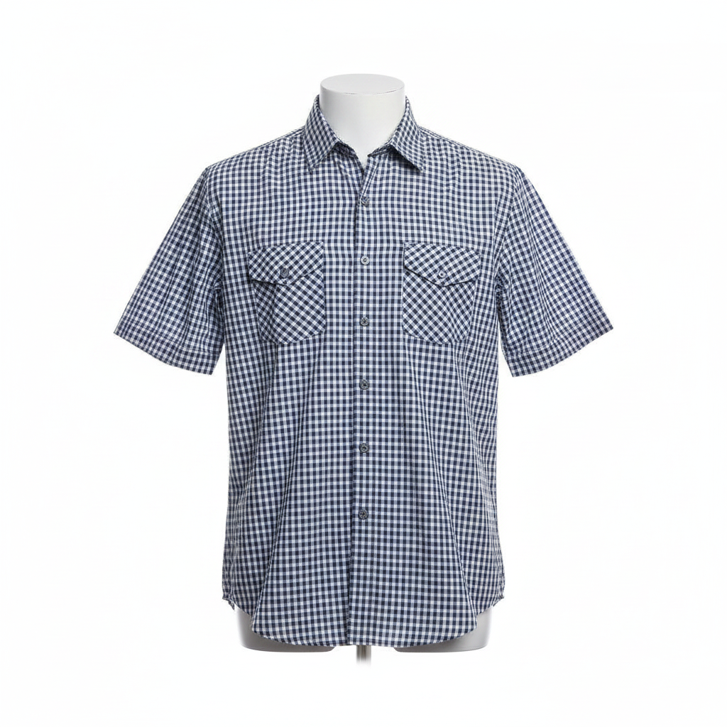 Ghost mannequin of navy blue gingham short-sleeved shirt