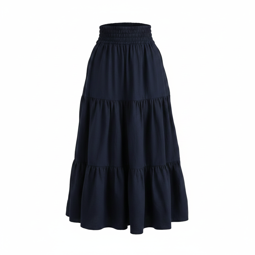 Ghost mannequin view of navy tiered A-line maxi skirt