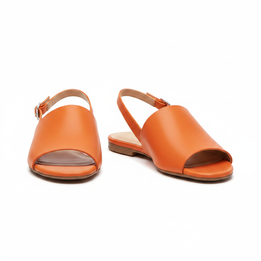 Women's orange open-toe slingback sandal – ghost mannequin pair front and side view