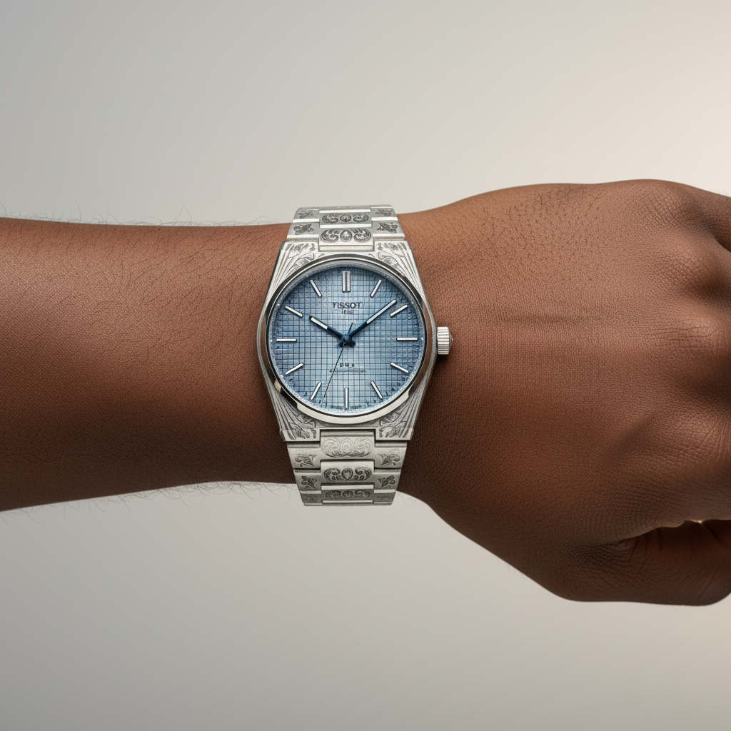 Nigerian male wrist wearing silver engraved ice blue tapisserie dial dress watch