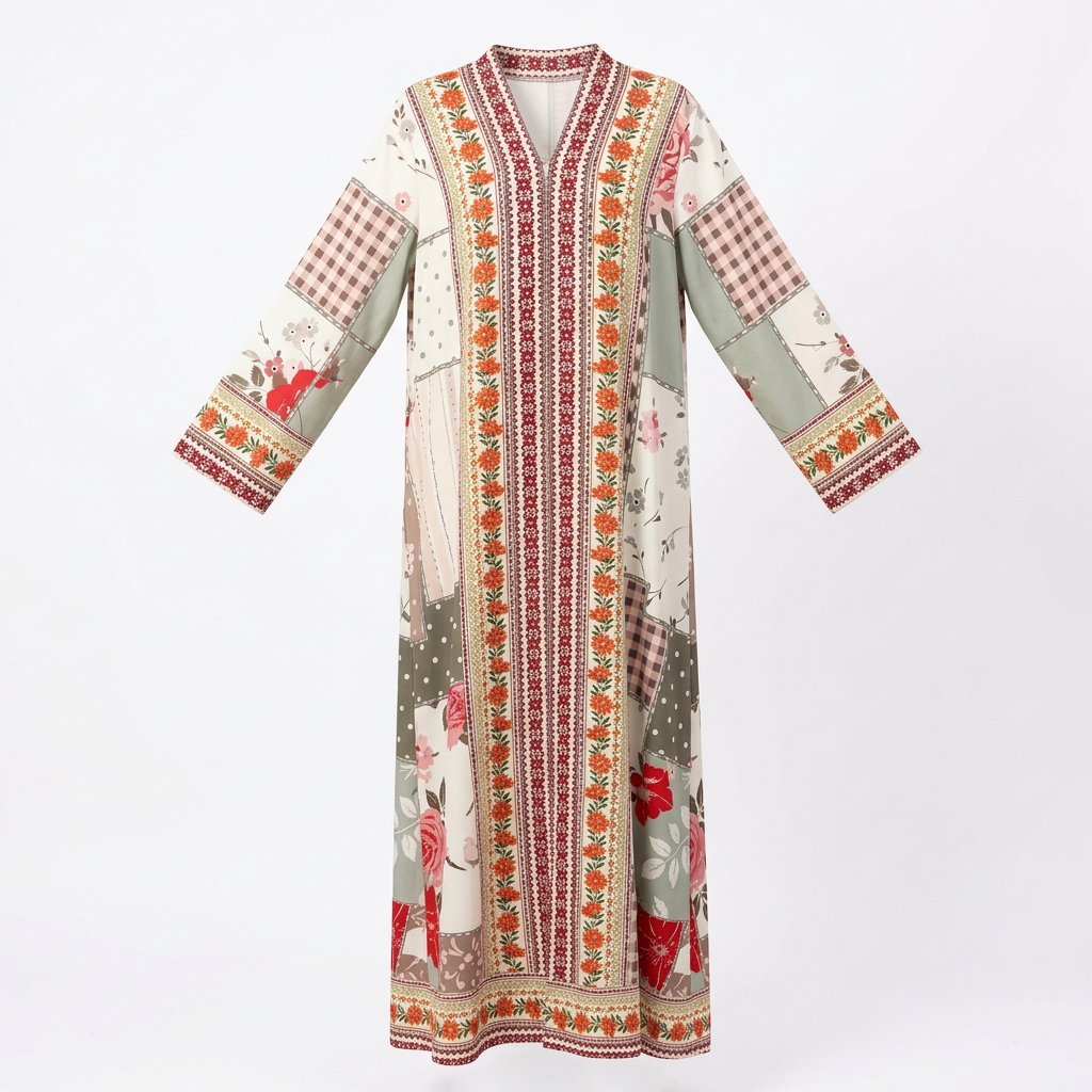 Floral-border cream and sage patchwork abaya on an invisible mannequin against white