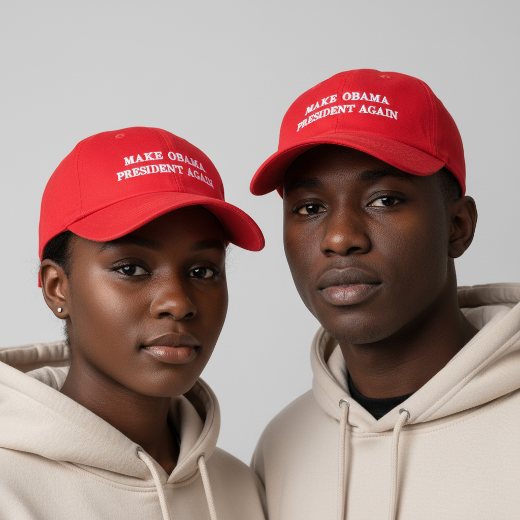 Nigerian female and male models wearing red baseball cap with white slogan embroidery