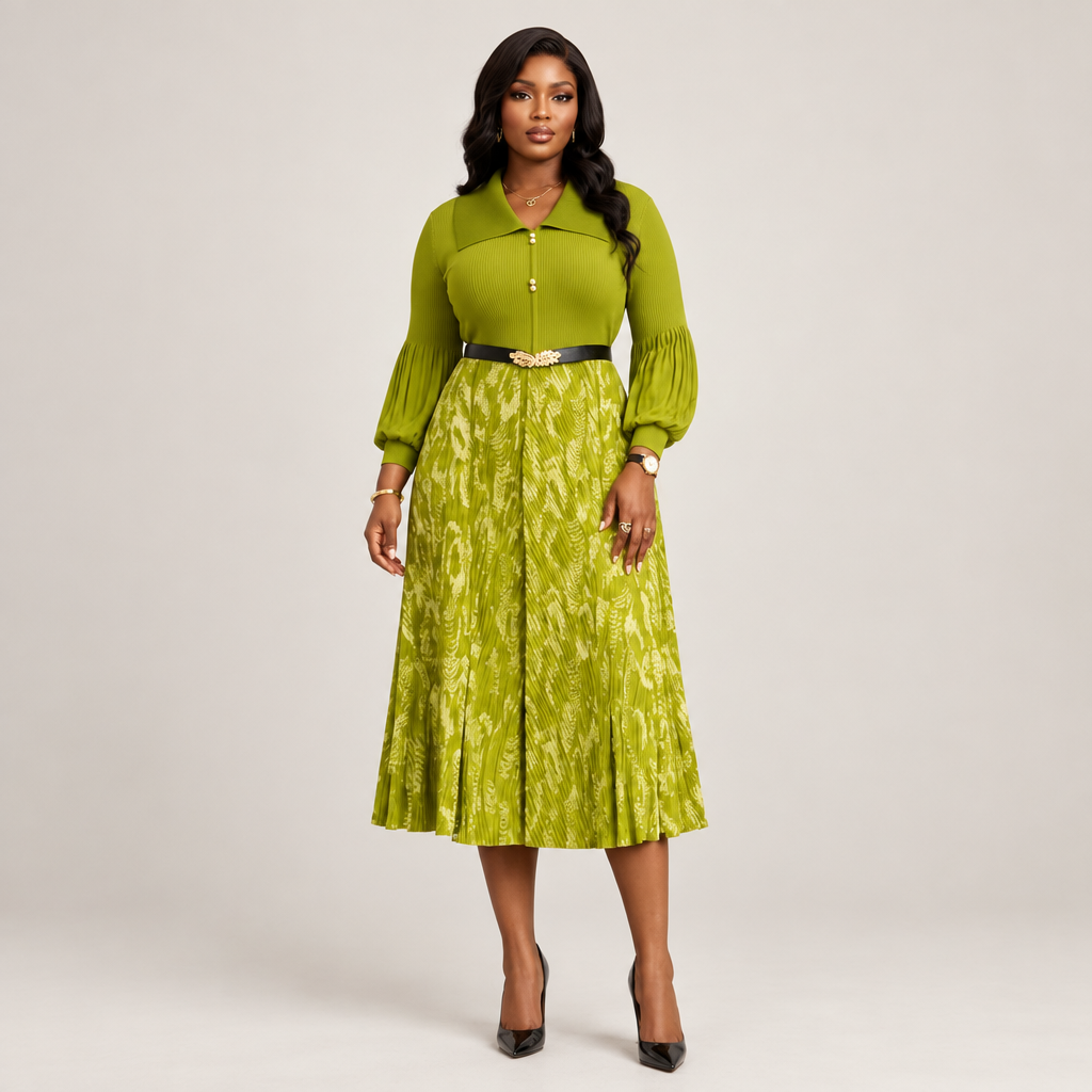 Black Nigerian model wearing a chartreuse botanical midi gown with puff sleeves and a belted waist