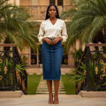 Nigerian female model wearing Women's Dark Blue Denim Midi Pencil Skirt