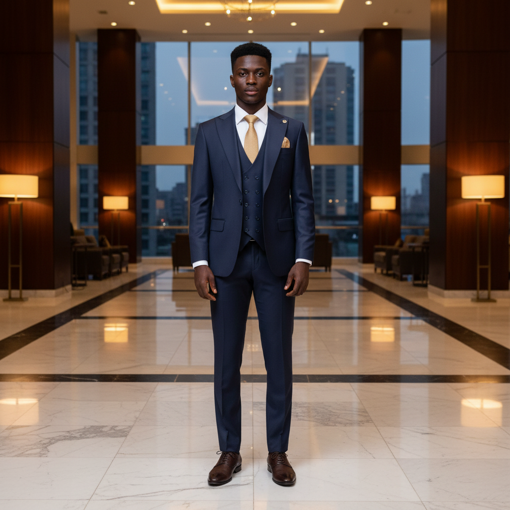 Young Nigerian male model wearing midnight navy blue 3-piece suit with gold tie and pocket square