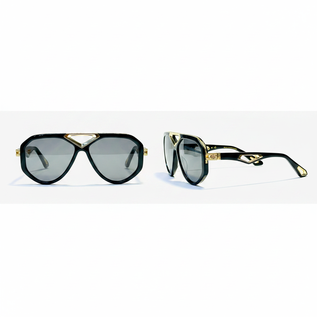 Ghost mannequin view — Aviator Sunglasses Black Gold Grey, front and side view