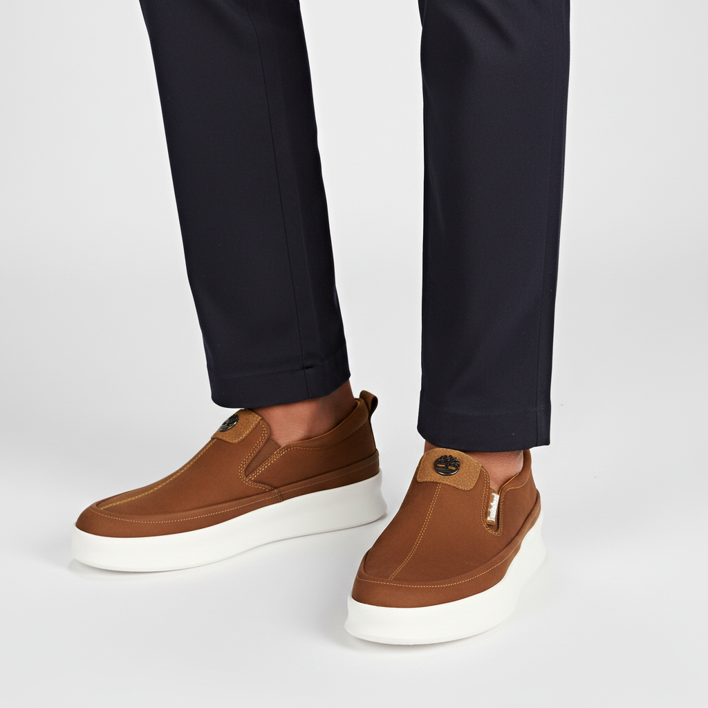 Close-up leg focus of men's tan brown nubuck slip-on sneakers with dark navy trouser hem