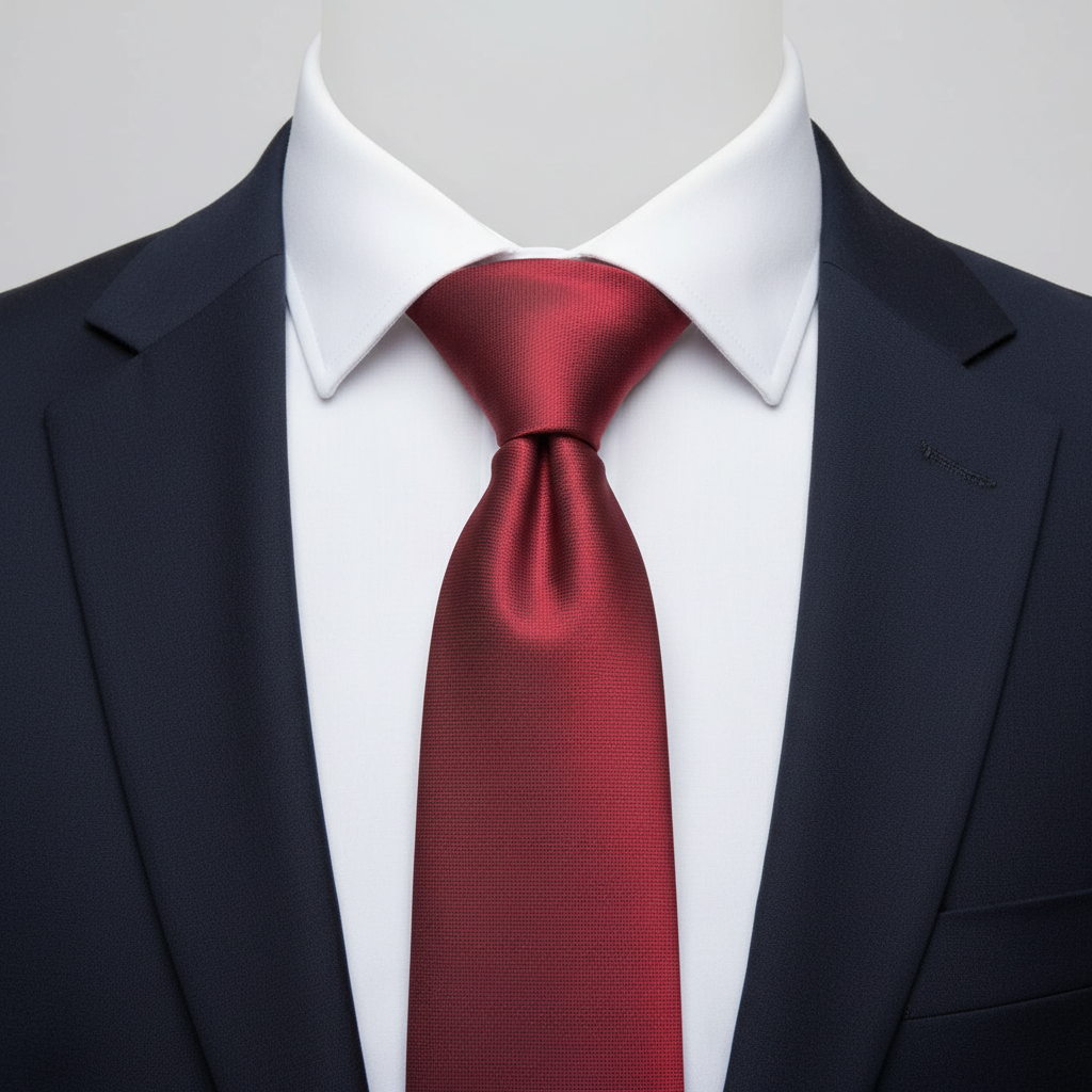 Men's crimson red solid satin woven necktie on ghost mannequin with white shirt and navy suit