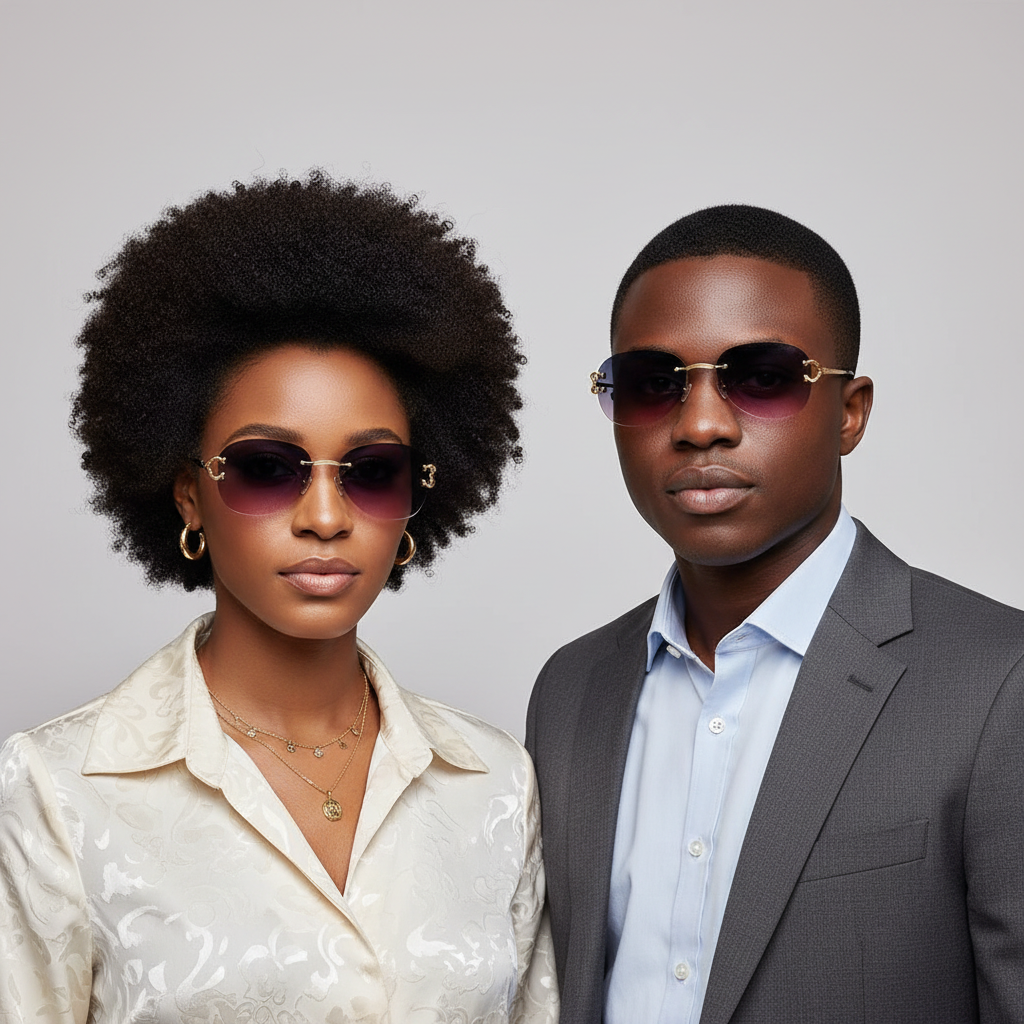 Nigerian female model with styled hair and male model wearing rimless gold bridge aviator sunglasses with blue-red gradient lenses – editorial medium shot professional grey background