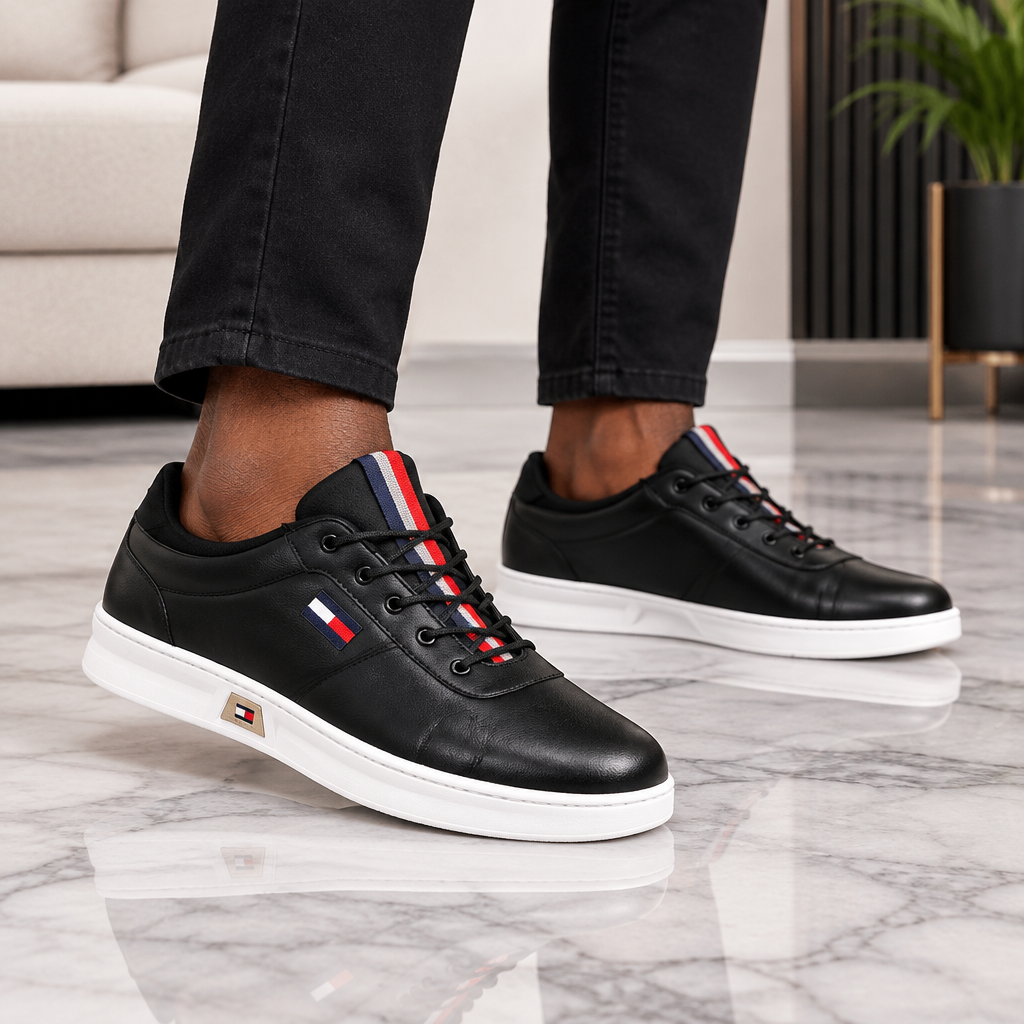 Black Leather Tricolour Stripe Court Sneaker - Model Shot