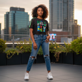 Young Nigerian female model wearing black Mickey rhinestone lace crop tee