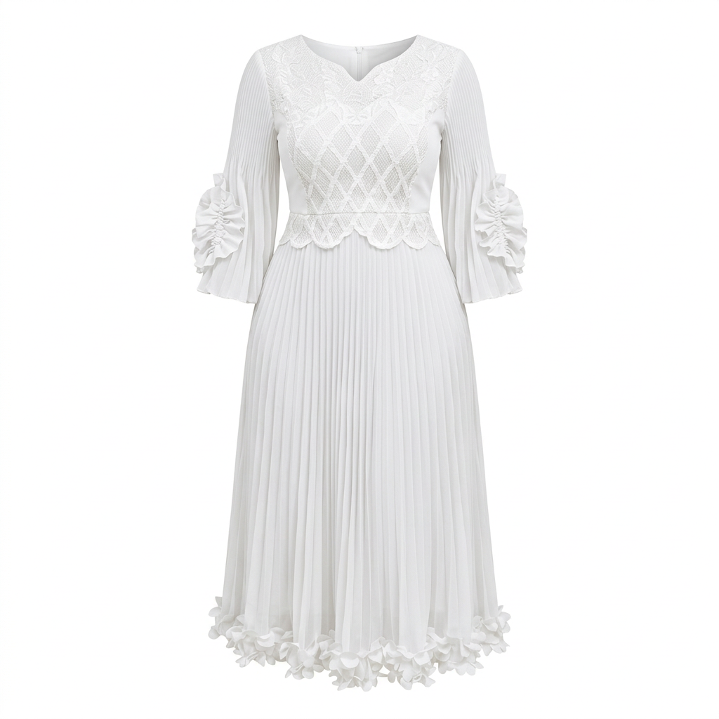 White scalloped-waist pleated midi gown on an invisible mannequin