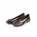 Women's dark brown croc-embossed flat pumps – ghost mannequin pair view