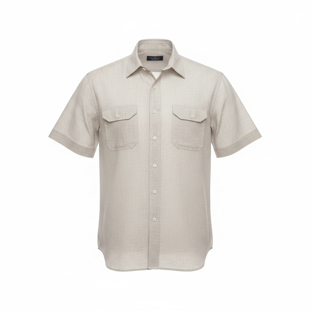 Beige Linen-Texture Short-Sleeved Shirt - Ghost Mannequin