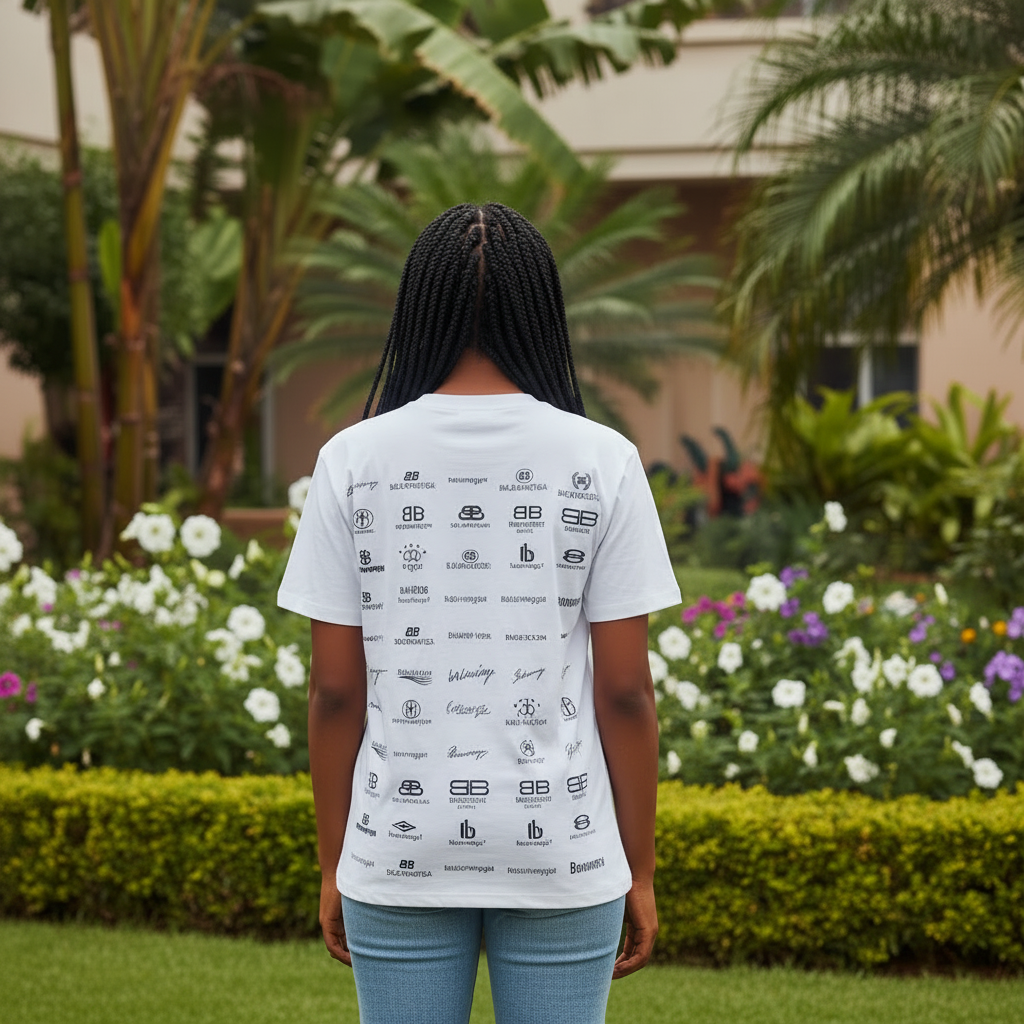 Nigerian female model back view wearing white all-over multi-logo monogram tee in garden setting