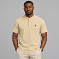 Model wearing light beige stand-collar shirt
