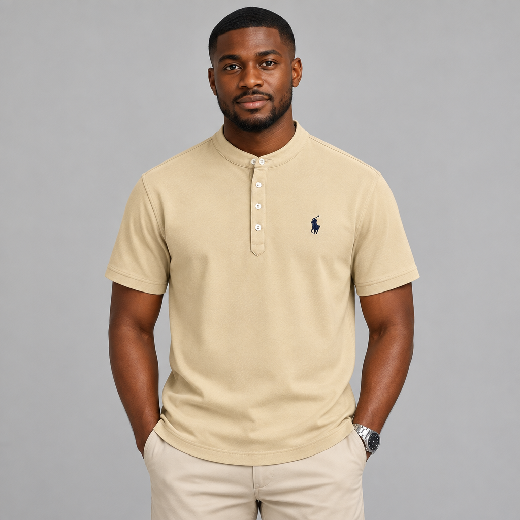 Model wearing light beige stand-collar shirt