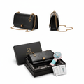 Black quilted crossbody bag ghost mannequin front and side view with mini fan and luxury gift box