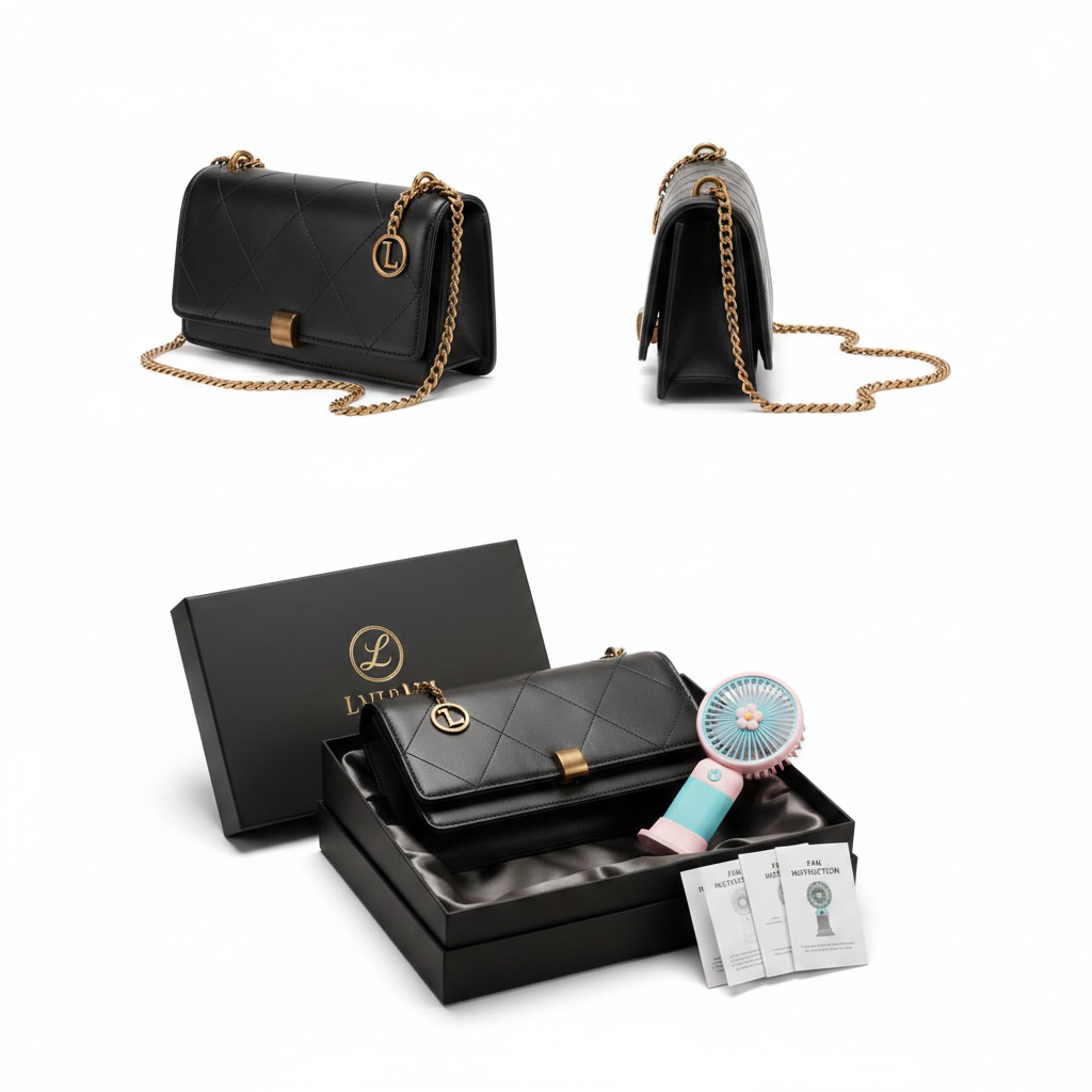 Black quilted crossbody bag ghost mannequin front and side view with mini fan and luxury gift box