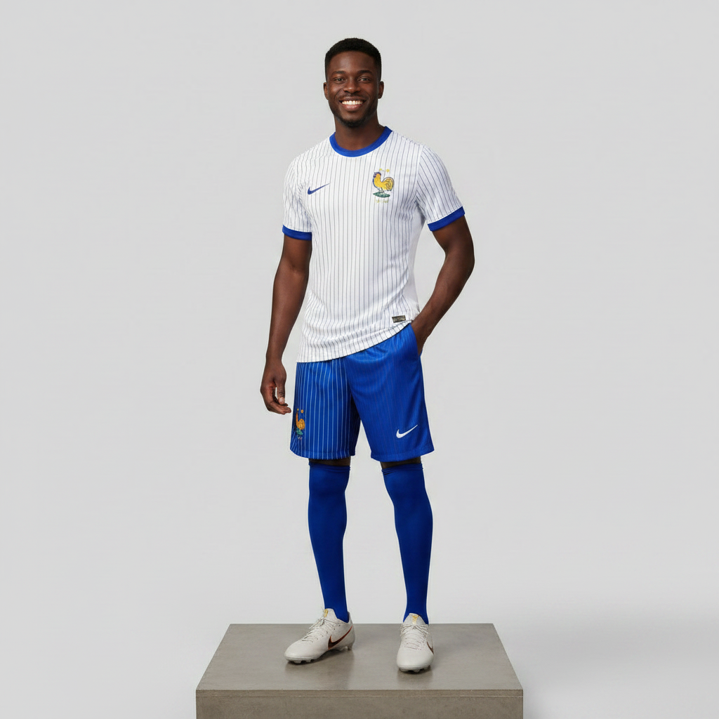 Nigerian male model wearing France FFF away football kit on concrete plinth