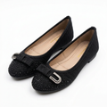 Complete pair of girls’ black textured bow ballet flats without support rods on a white background