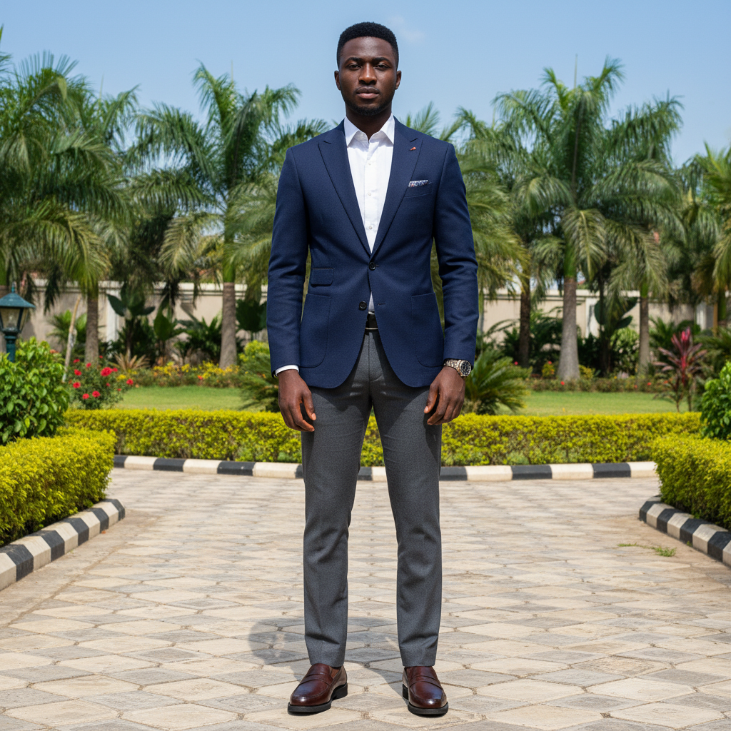 Nigerian male model wearing brown leather brogue toe penny loafer shoes in garden setting