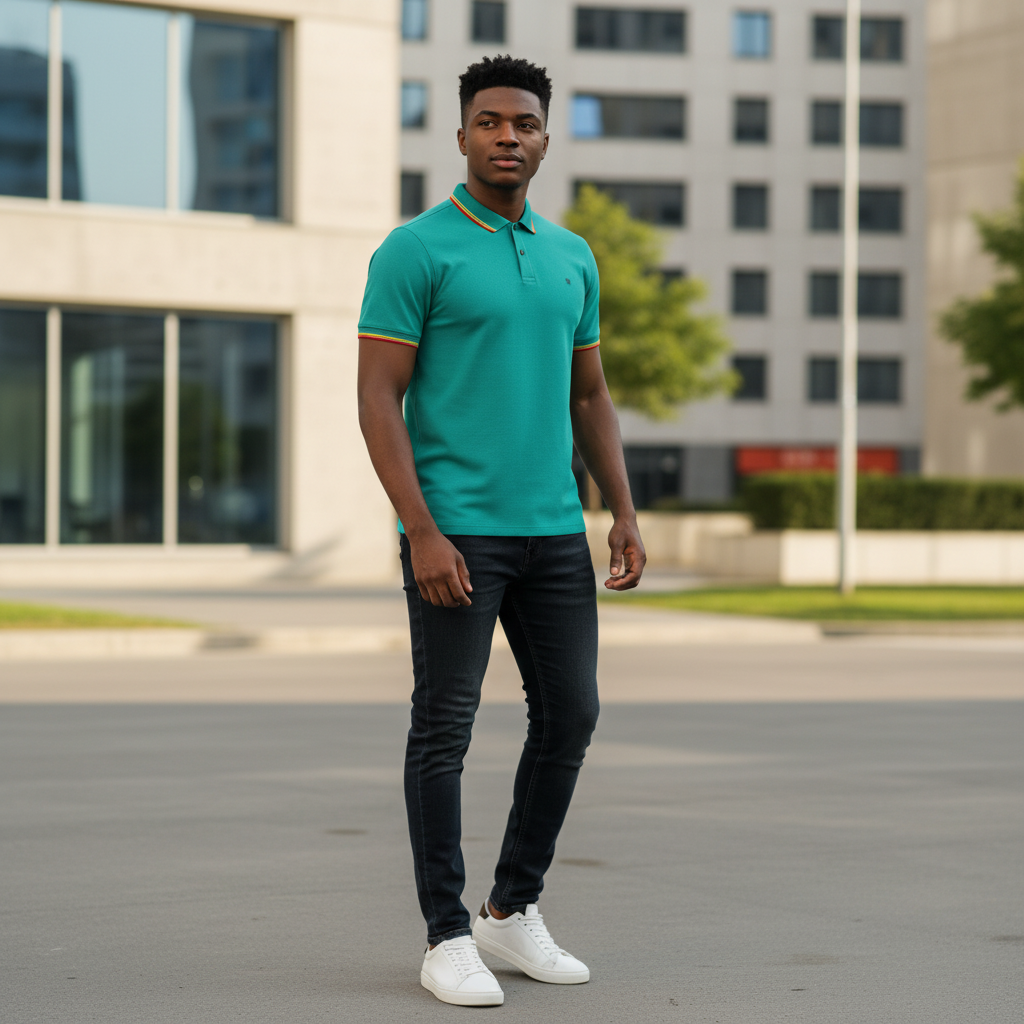Young Nigerian male model wearing teal polo shirt with rainbow tipped collar and cuffs