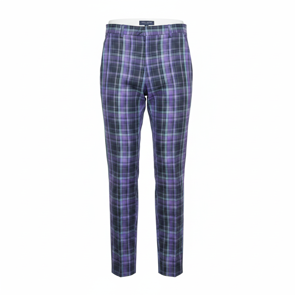 Purple Navy Tartan Trousers – Front Ghost Mannequin