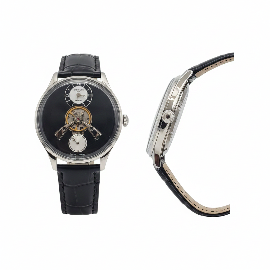 Men's Black Dial Tourbillon Automatic Watch – Front and Side Ghost Mannequin View