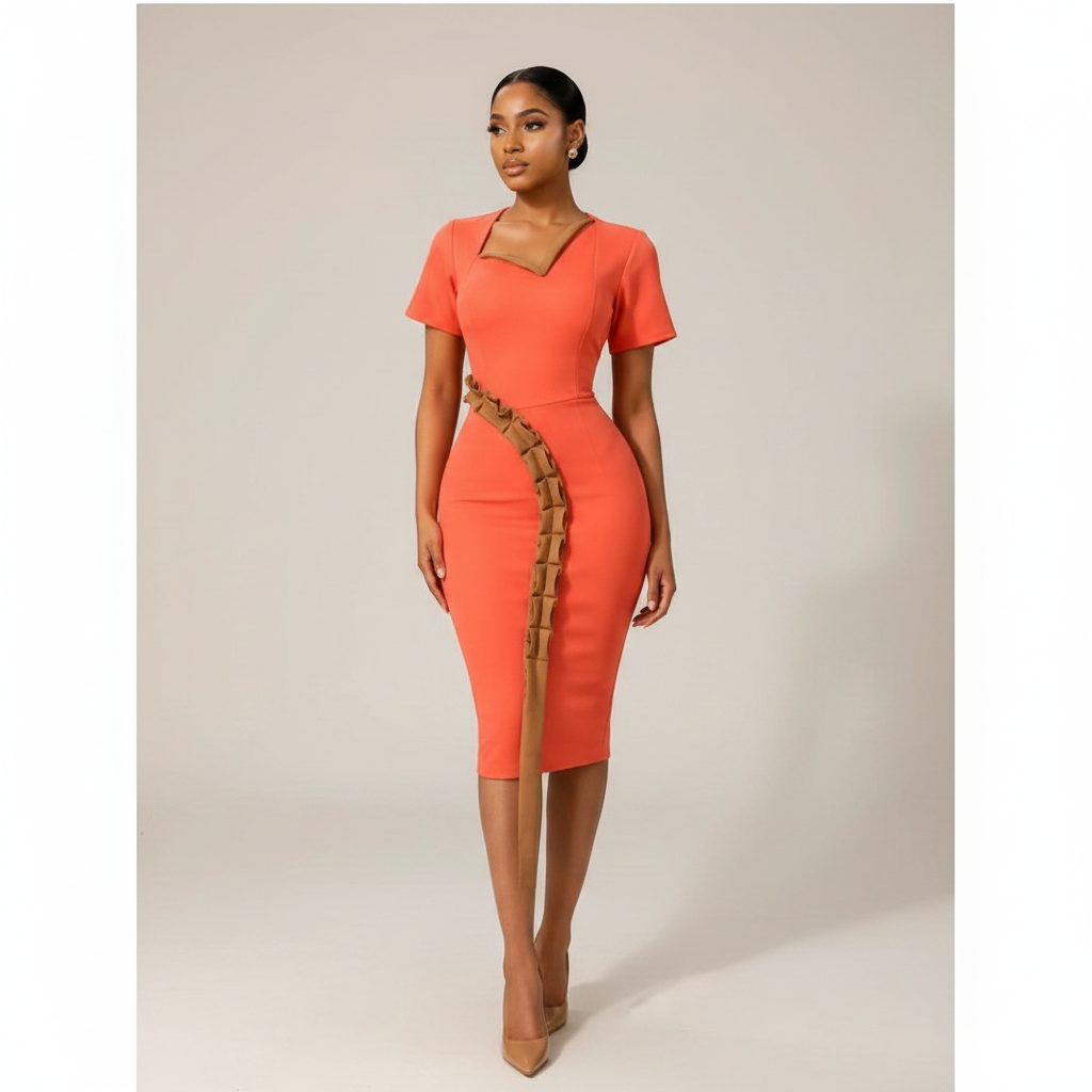 Black Nigerian model wearing the coral women’s gown with ruffle detail