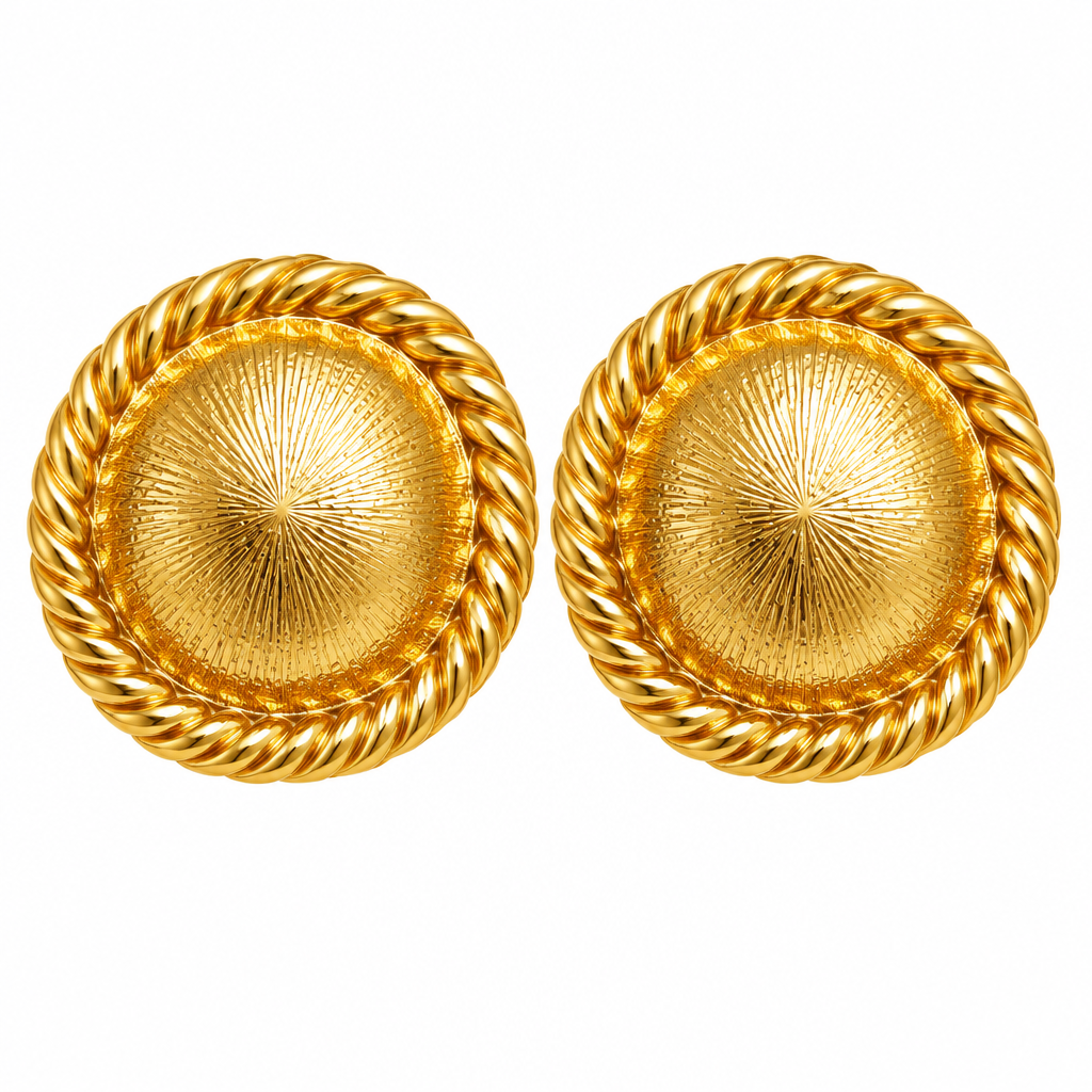 Gold Domed Sunburst Rope-Border Stud Earrings – Catalog Shot