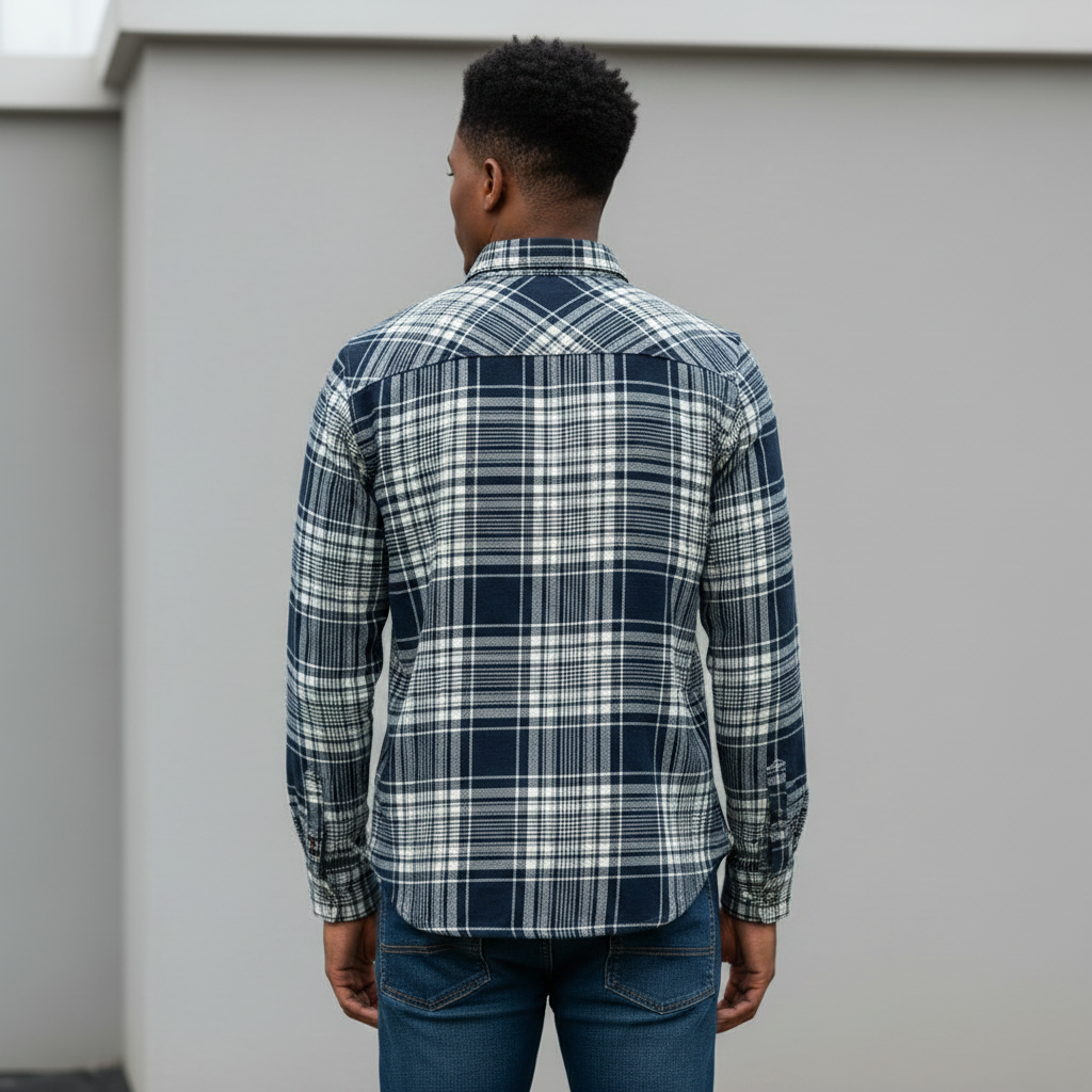 Nigerian model wearing Navy Flannel Plaid Long Sleeve Shirt – Back View