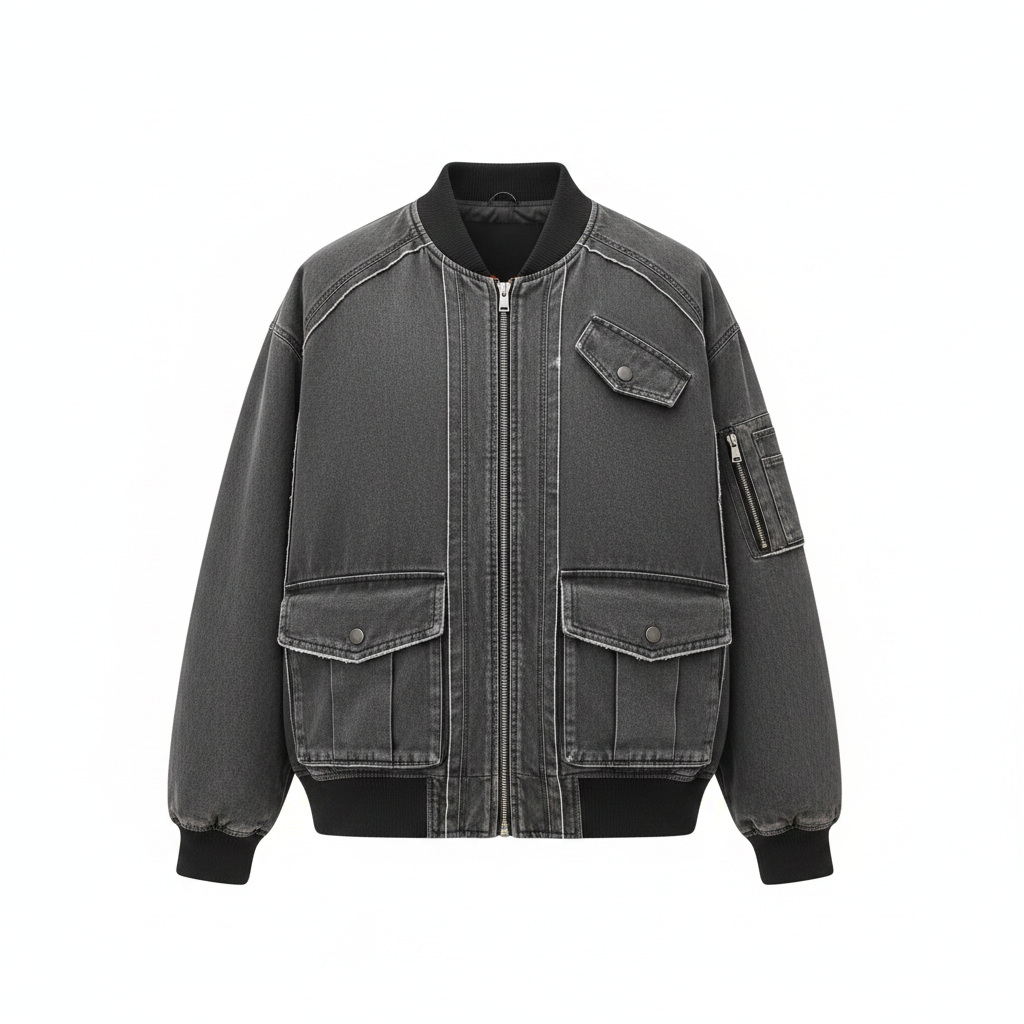 Men's Washed Grey Denim Cargo Bomber Jacket – Ghost Mannequin
