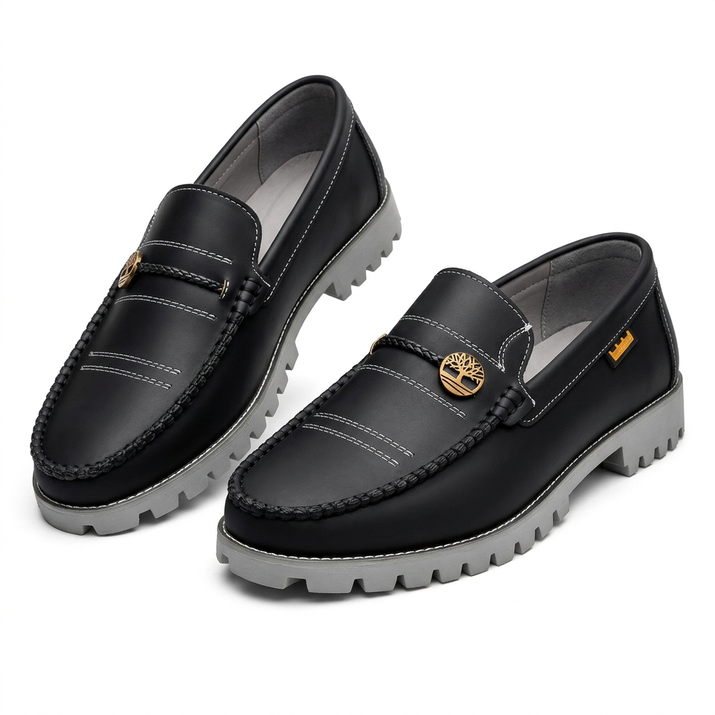 Pair of black contrast-stitch loafers with gold-tone emblems and grey lug soles on white