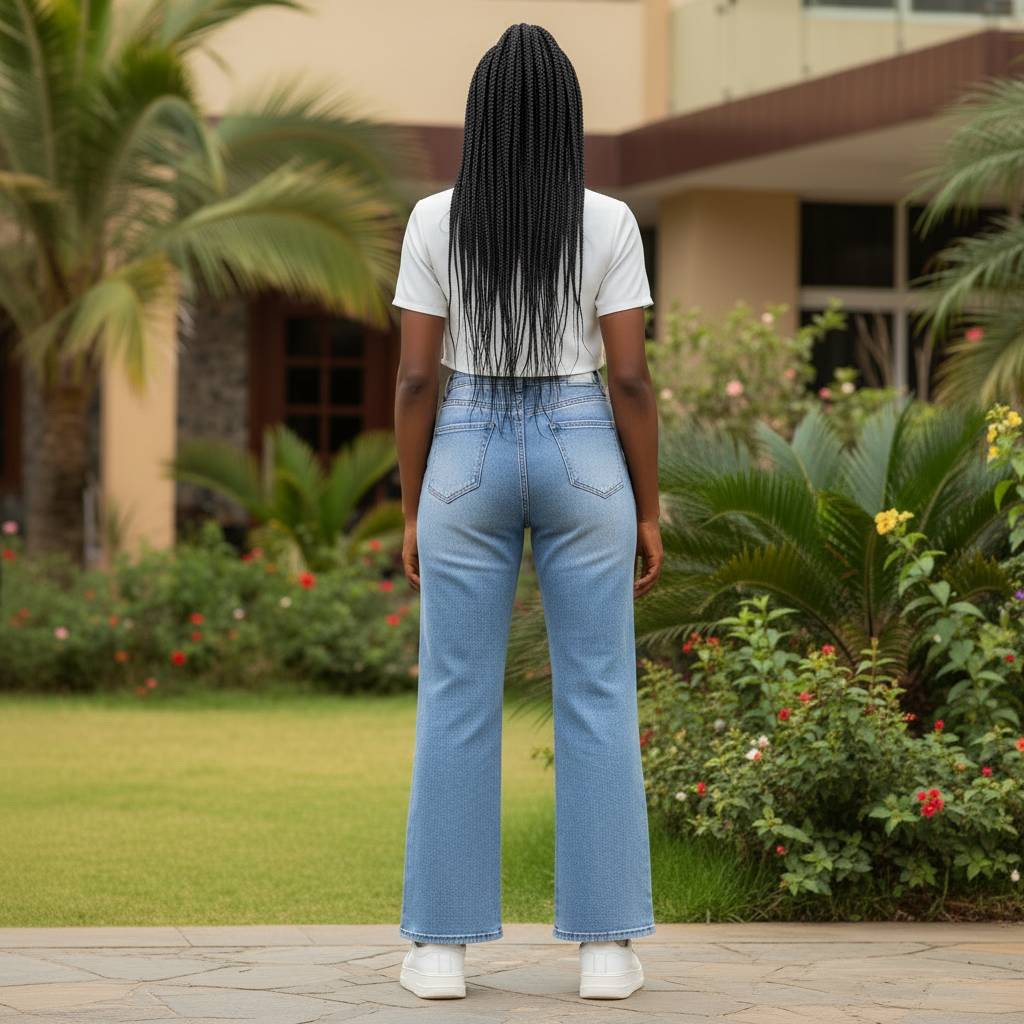 Light Blue Wide-Leg Flare Jeans - Nigerian Female Model Back View