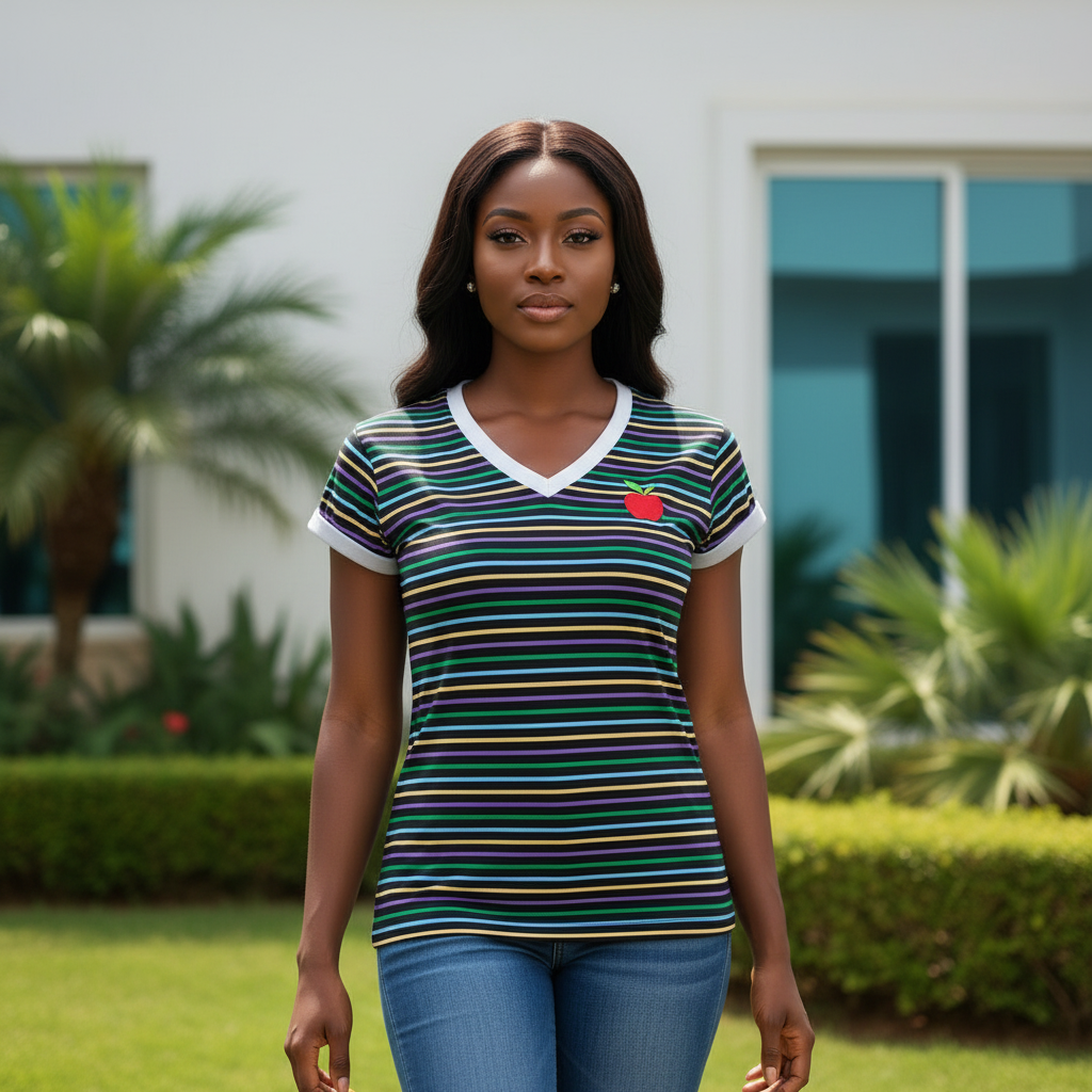 Multicolor Striped Apple Embroidery Tee - Front Model View