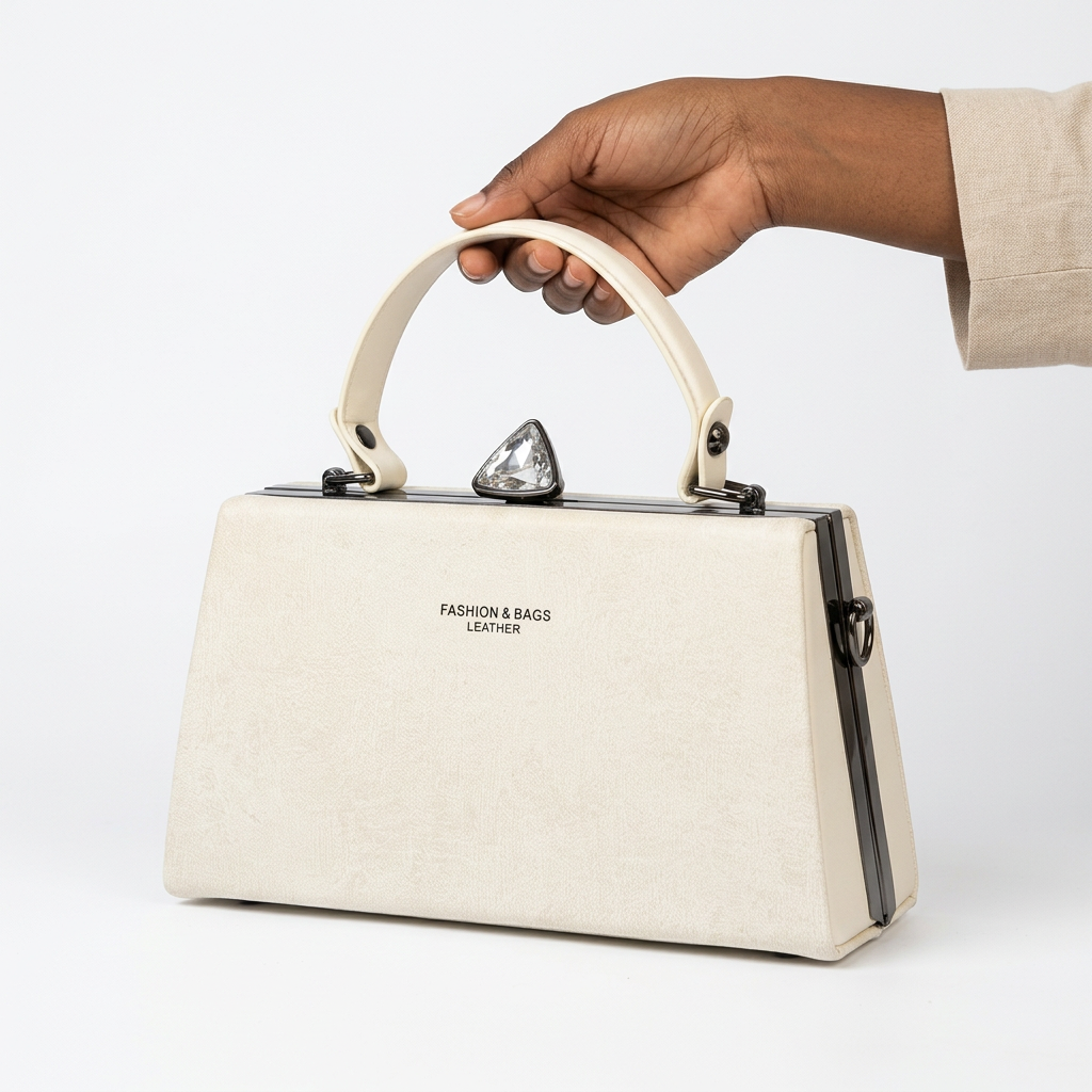 Hand-focused presentation of an ivory top-handle handbag