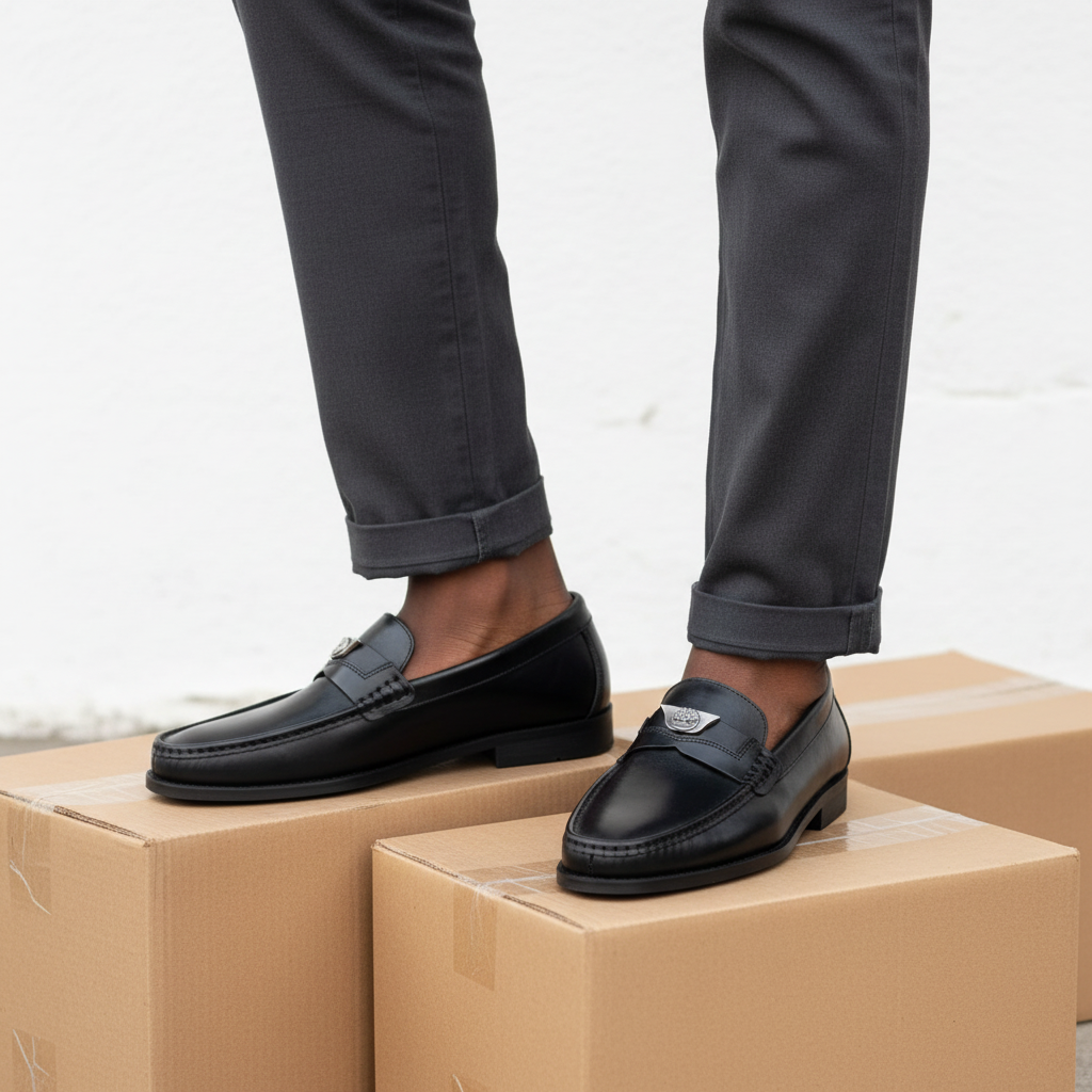 Men's Black Smooth Leather Silver Medallion Penny Loafers – Leg Model Shot