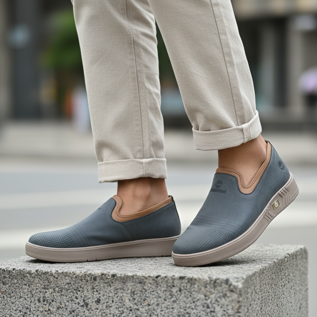 Model wearing slate blue nubuck leather slip-on sneakers with tan collar trim leg shot