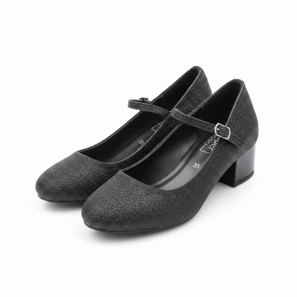 Women's black glitter ankle strap low block heel court shoe ghost mannequin pair view