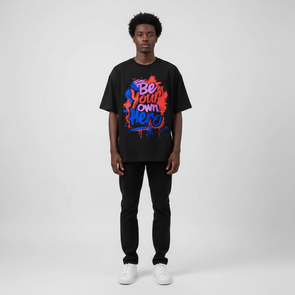Man wearing the black Be Your Own Hero graffiti tee