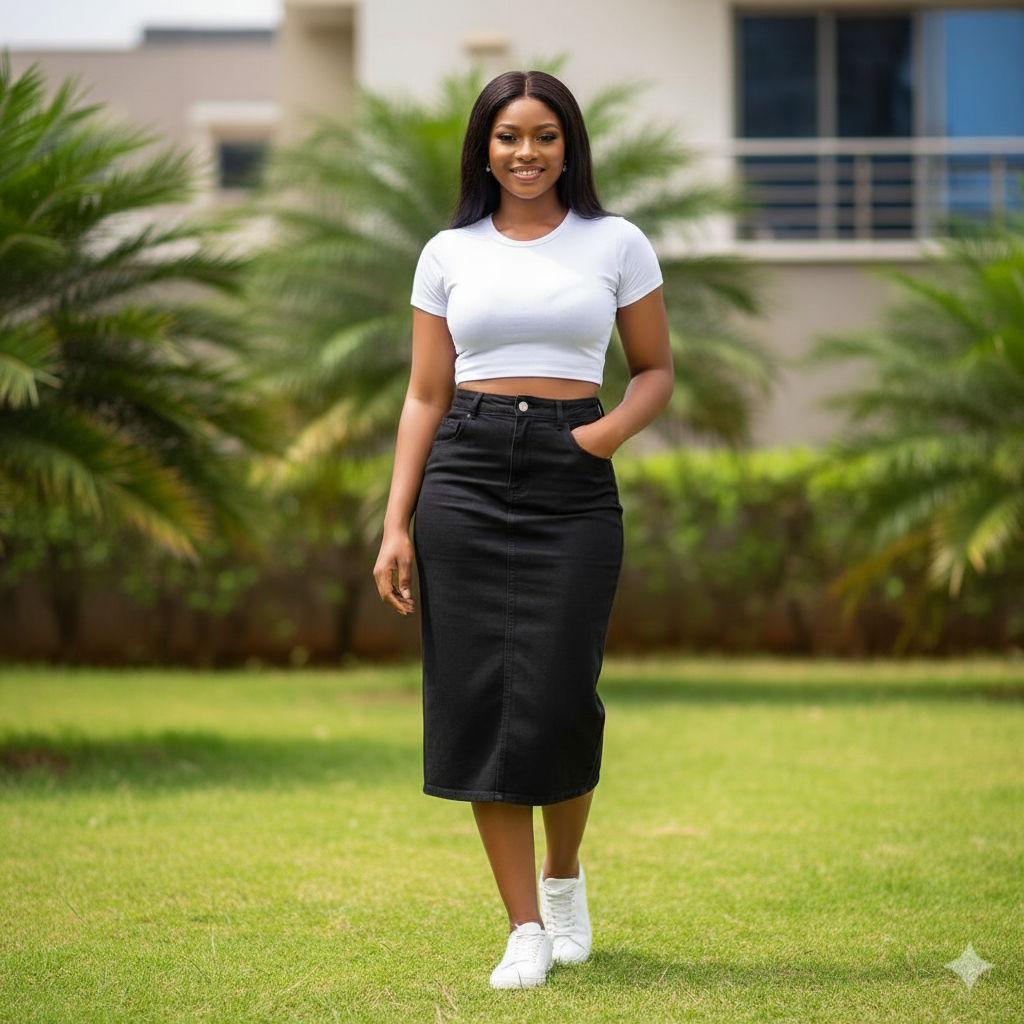 Nigerian female model wearing black midi denim pencil skirt - front view