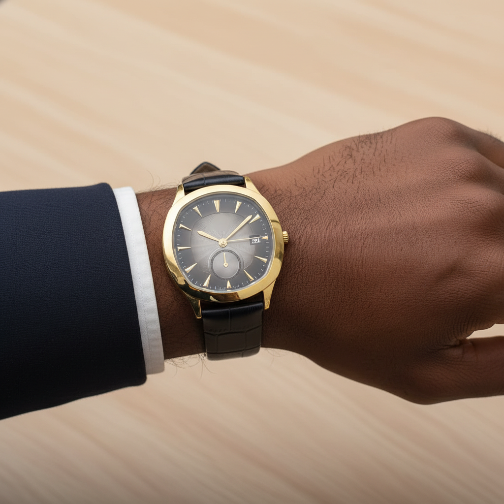 Gold-tone watch with charcoal sunray dial and navy textured strap worn on a Black man’s wrist