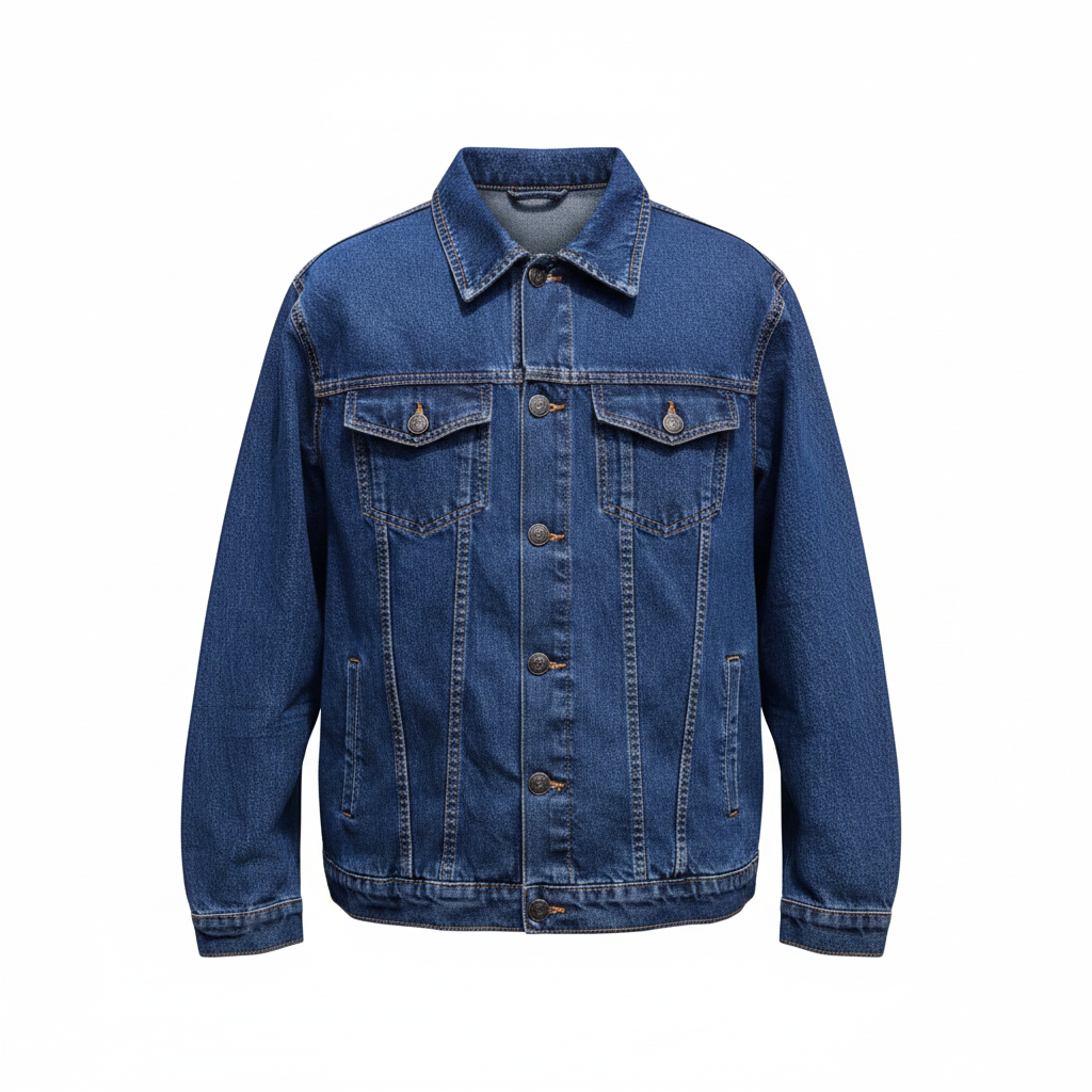 Men's dark blue oversized denim trucker jacket ghost mannequin front view