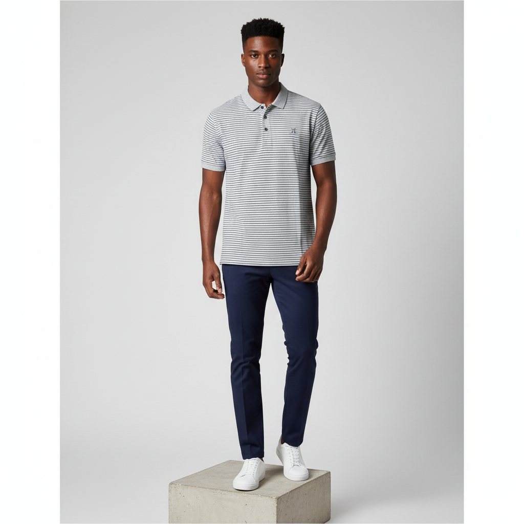 Grey Navy Striped Polo Shirt - Model Front