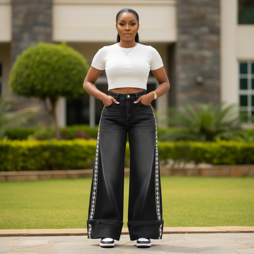 Black Embroidered Wide-Leg Jeans - Nigerian Female Model Front View