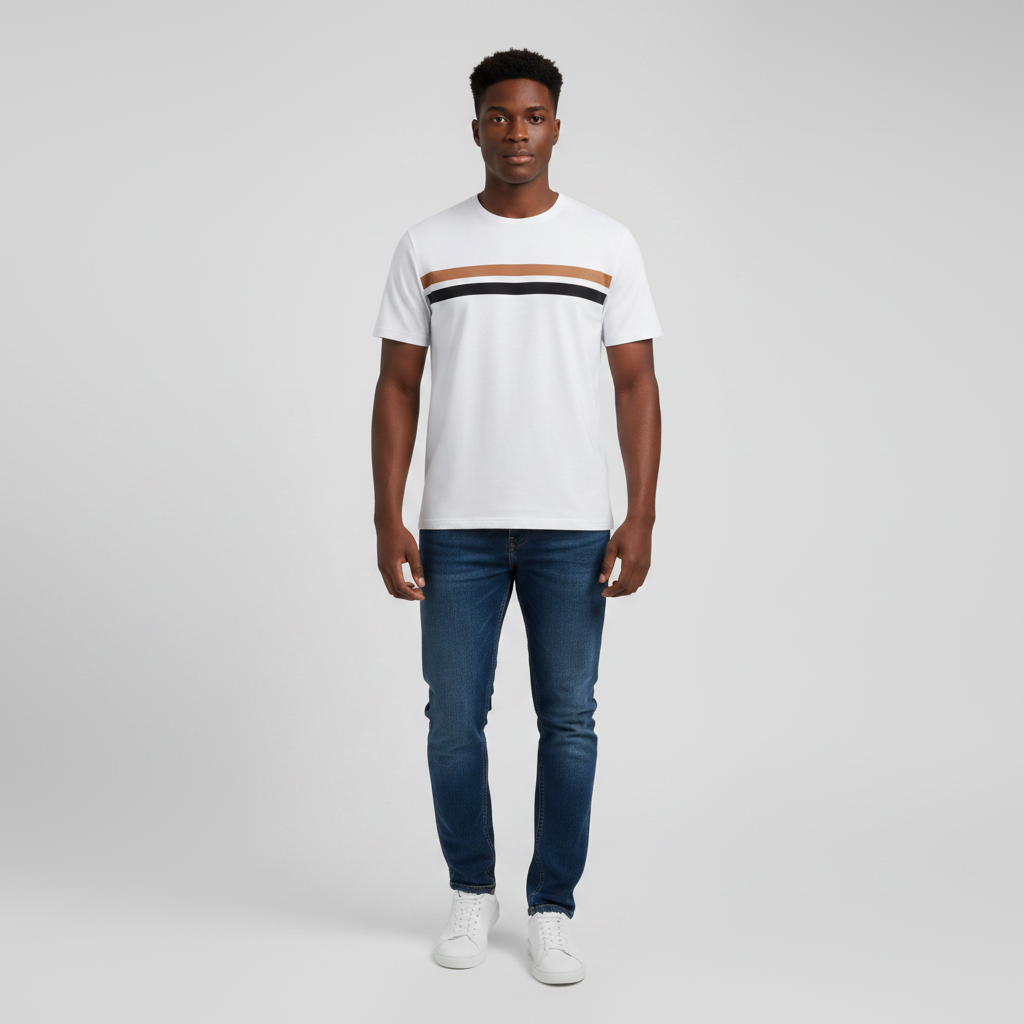 Young Nigerian male wearing white triple stripe chest crew neck tee