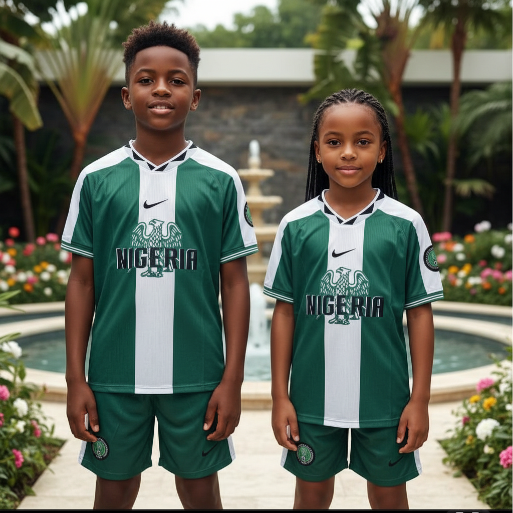 Nigerian boy and girl wearing green and white eagle kids football jersey and green shorts with white panels