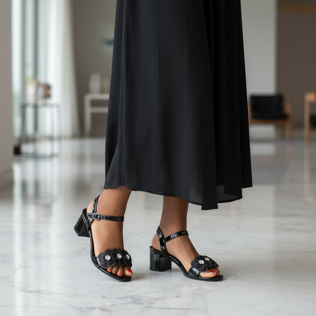 Women's Black Patent Floral Crystal Block Heel Sandal – Model Shot