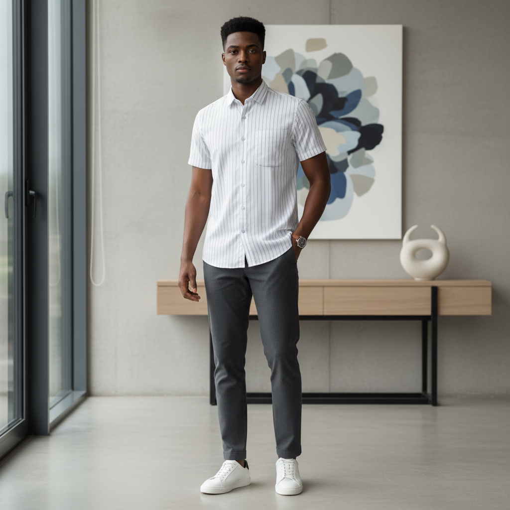 Model shot of white pinstripe short-sleeve shirt